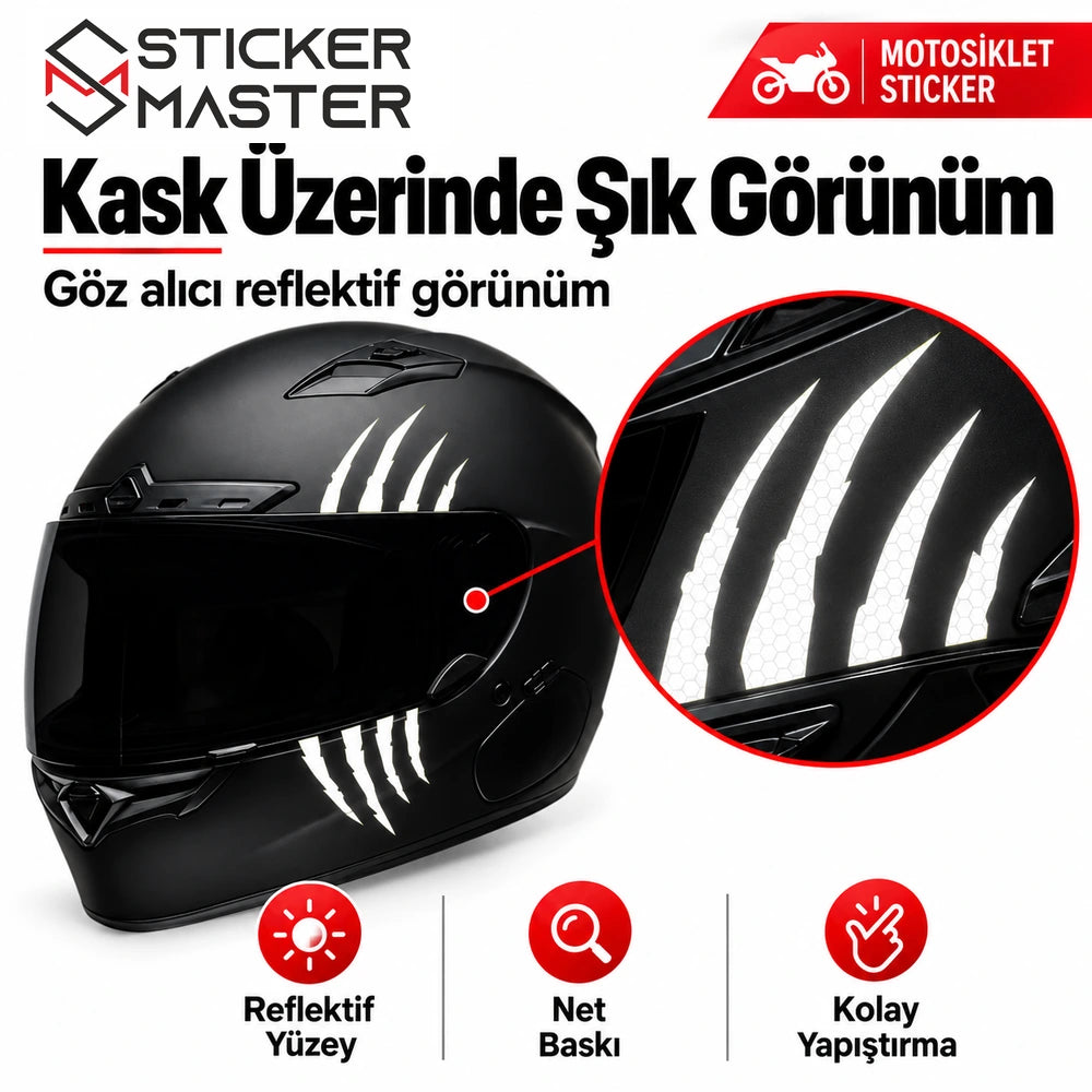 Siyah kask üzerinde reflektif yarış tasarımı uygulama görünümü