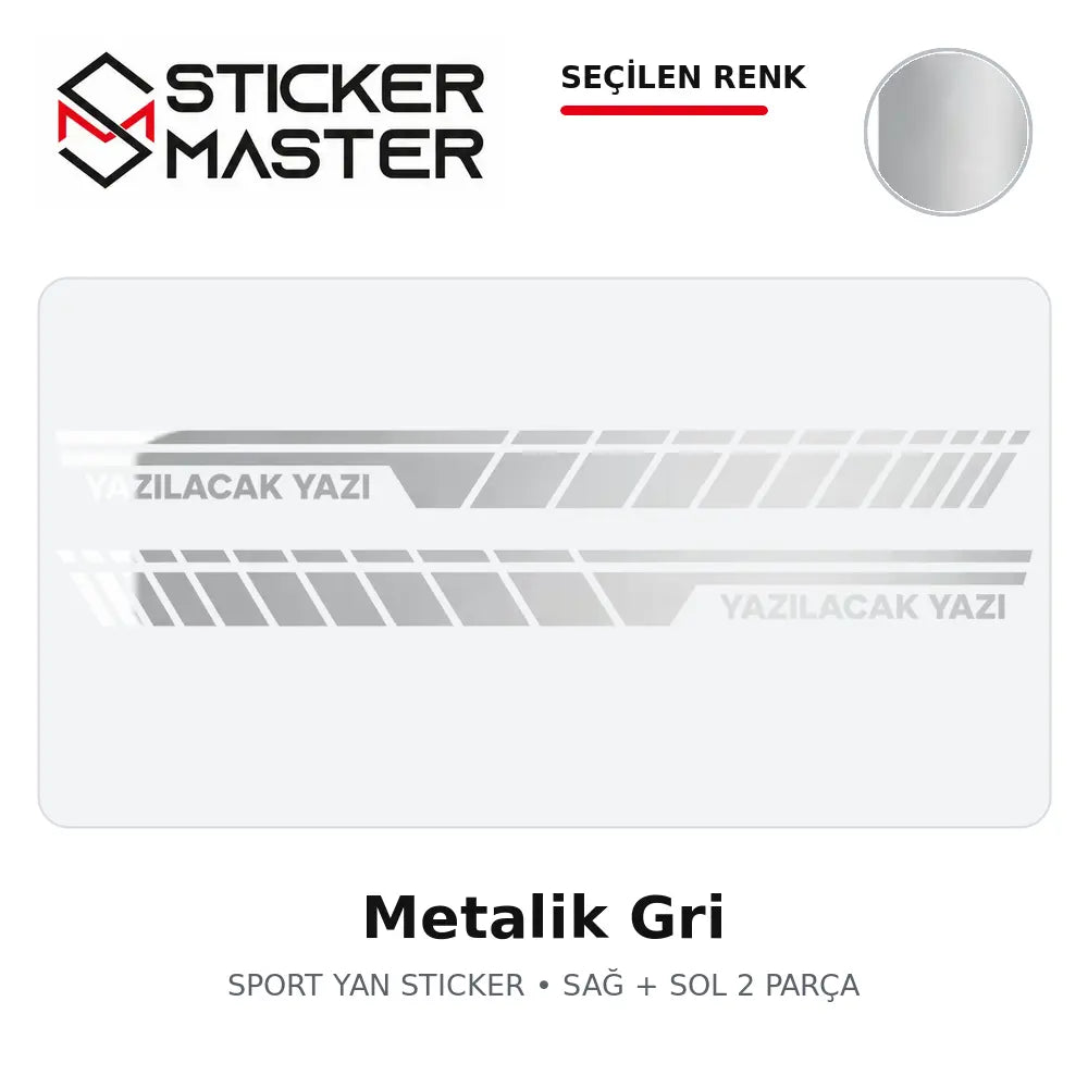 Kişiye Özel Sport Yan Sticker Metalik Gri renk seçeneği