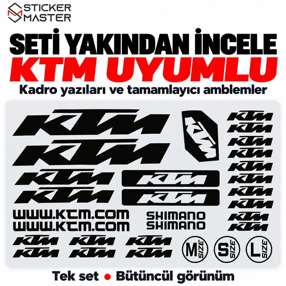 KTM uyumlu bisiklet sticker setindeki kadro yazıları ve tamamlayıcı amblemler