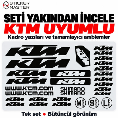 KTM uyumlu bisiklet sticker setindeki kadro yazıları ve tamamlayıcı amblemler