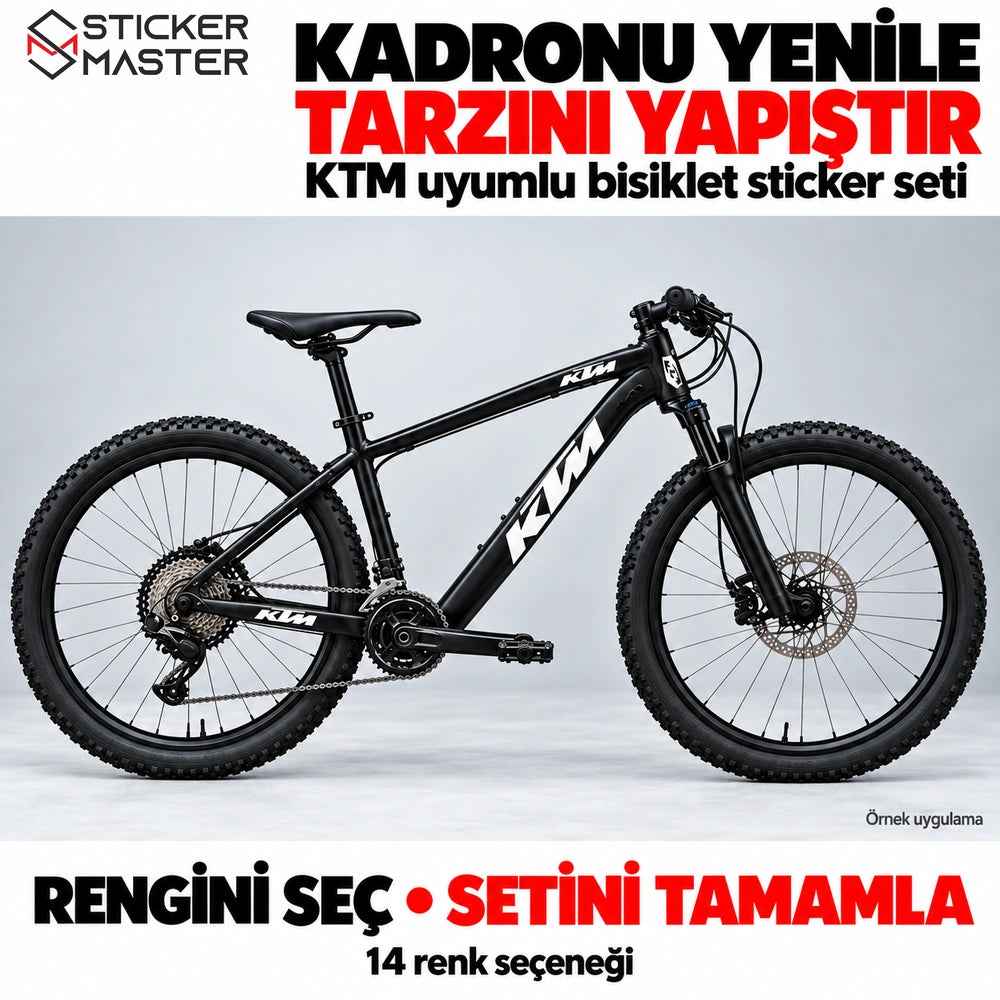 Beyaz KTM uyumlu sticker setinin siyah bisiklet üzerinde örnek uygulaması