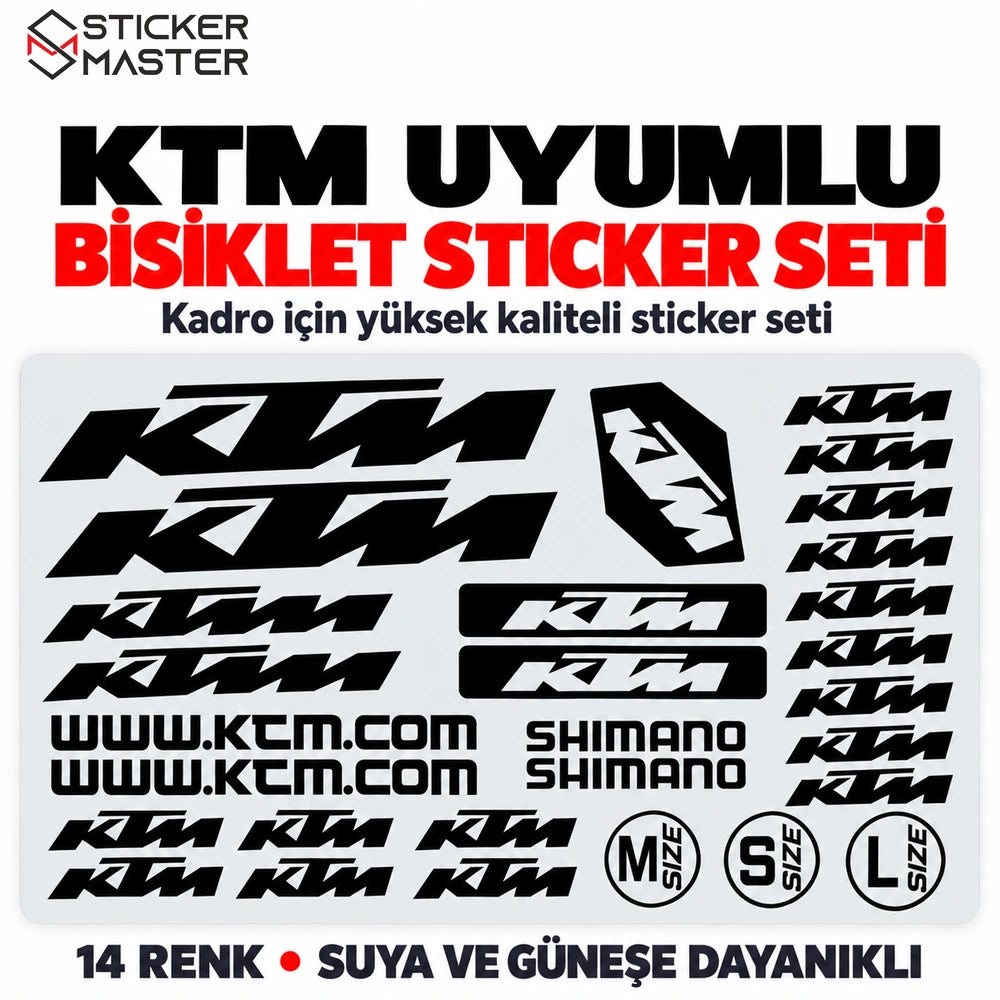 KTM uyumlu bisiklet kadro sticker seti, siyah yazı ve amblem tasarımları
