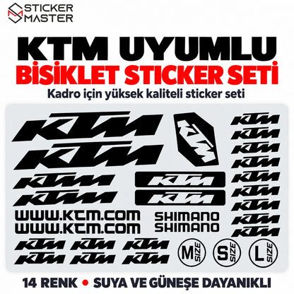 KTM uyumlu bisiklet kadro sticker seti, siyah yazı ve amblem tasarımları