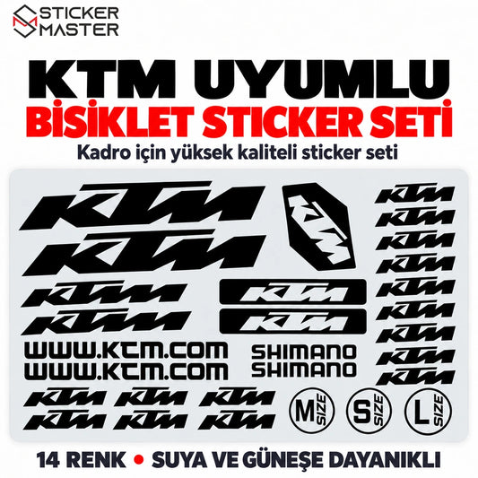 KTM uyumlu bisiklet kadro sticker seti, siyah yazı ve amblem tasarımları
