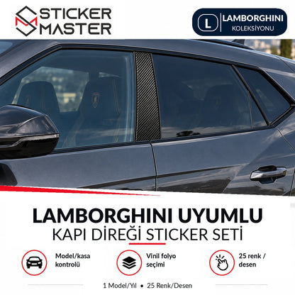 Lamborghini Urus uyumlu kapı direği sticker seti ana ürün; yalnızca B sütunu temsili karbon folyo