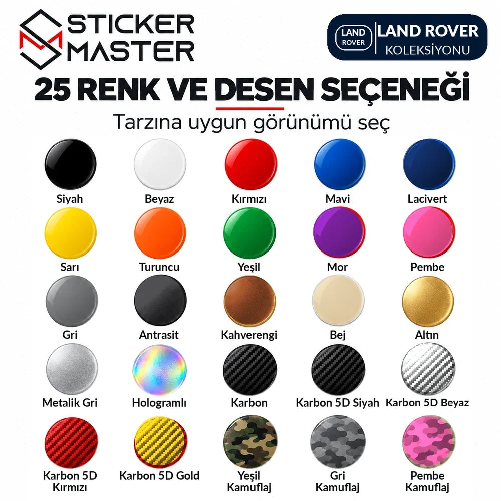 Land Rover kapı direği sticker seti Shopify varyantlarıyla eşleşen 25 renk ve desen