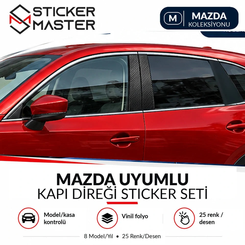 Mazda uyumlu kapı direği sticker seti — yalnızca B sütunu karbon desenli uygulama; C sütunu kaplamasız