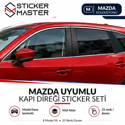 Mazda uyumlu kapı direği sticker seti — yalnızca B sütunu karbon desenli uygulama; C sütunu kaplamasız