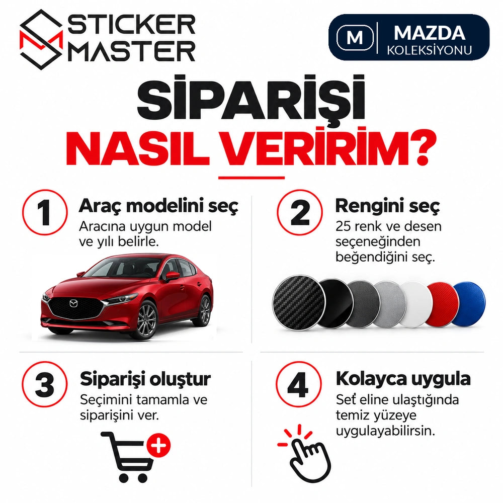 Mazda uyumlu kapı direği sticker seti model ve yıl, renk/desen sipariş rehberi
