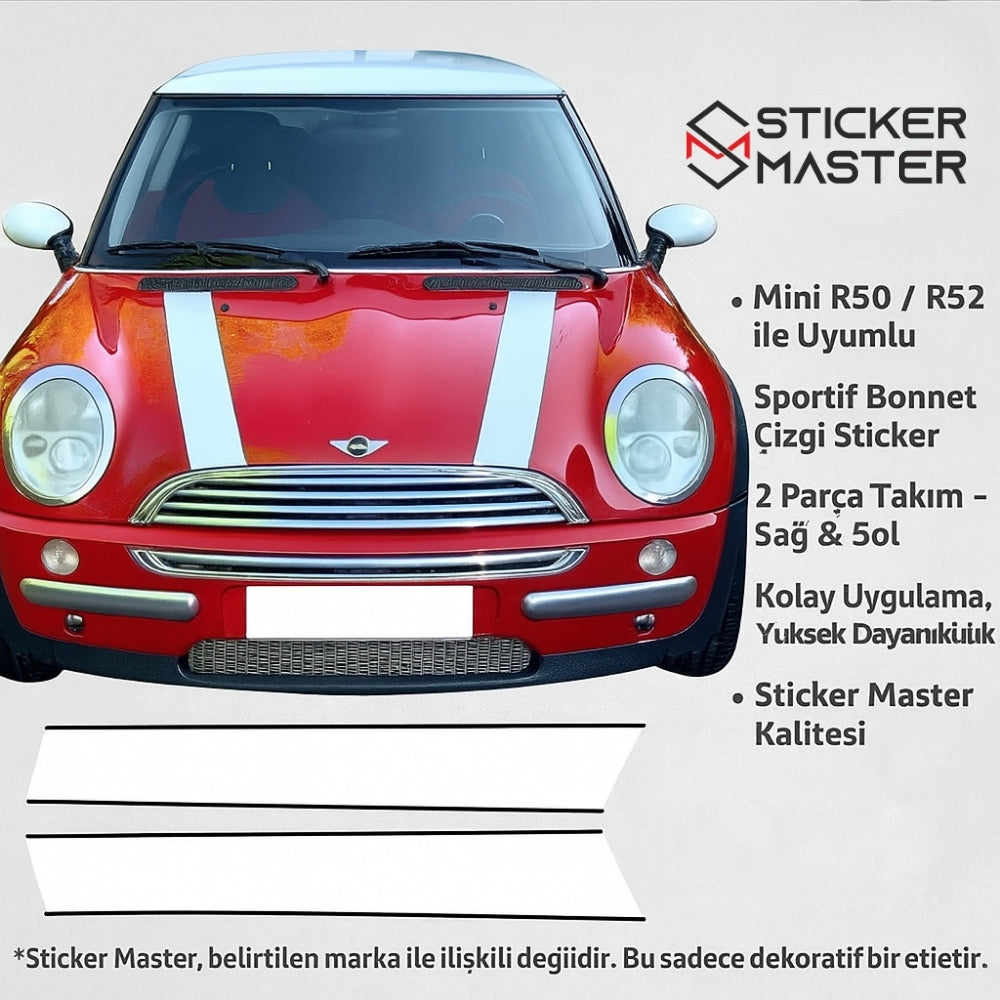 Sticker Master Mini R50 / R52 Cooper Bonnet Stripes Ön Şerit Sticker Etiket - 2 Parça
