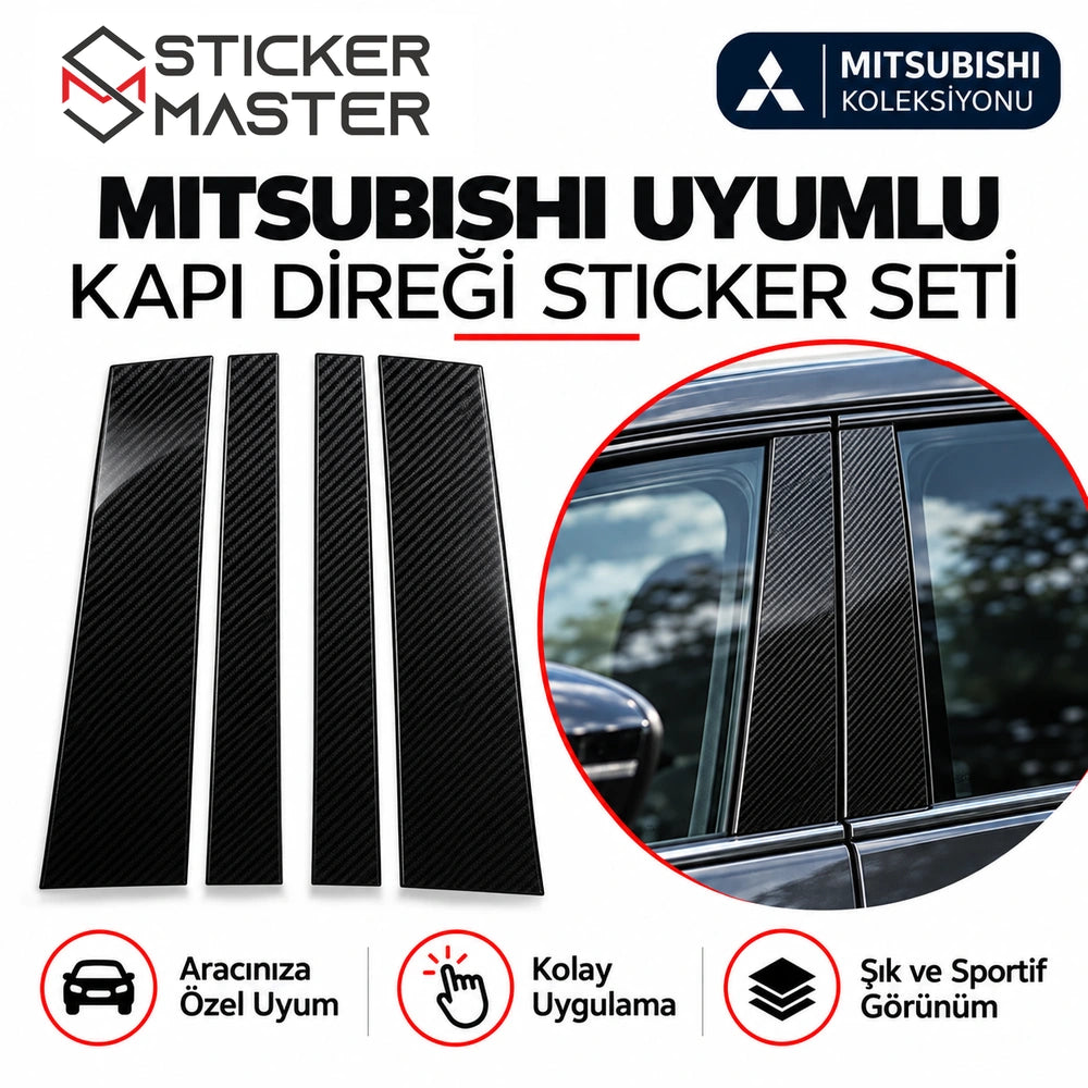 Mitsubishi uyumlu kapı direği sticker seti ürün parçaları ve B sütunu yakın plan, temsili görsel