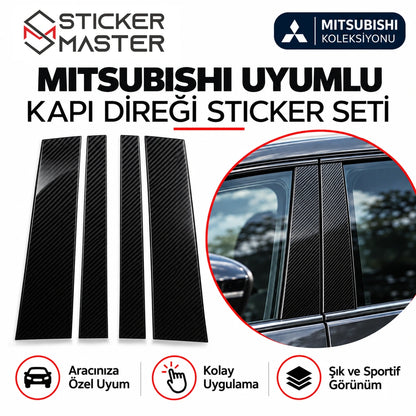 Mitsubishi uyumlu kapı direği sticker seti ürün parçaları ve B sütunu yakın plan, temsili görsel