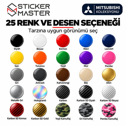 Mitsubishi kapı direği sticker 25 renk ve desen; Shopify renk varyantlarıyla eşleşen örnekler