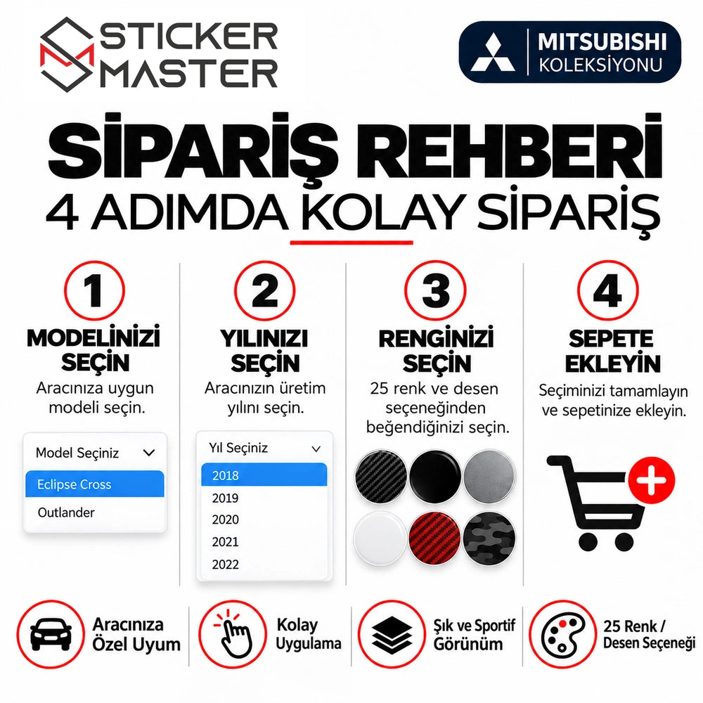 Mitsubishi uyumlu kapı direği sticker model, yıl, renk seçimi ve sipariş rehberi