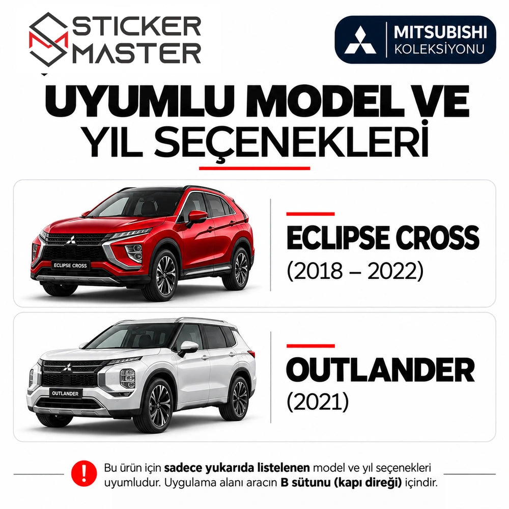 Mitsubishi Eclipse Cross 2018–2022 ve Outlander 2021 kapı direği sticker model yıl seçenekleri, temsili araç görselleri
