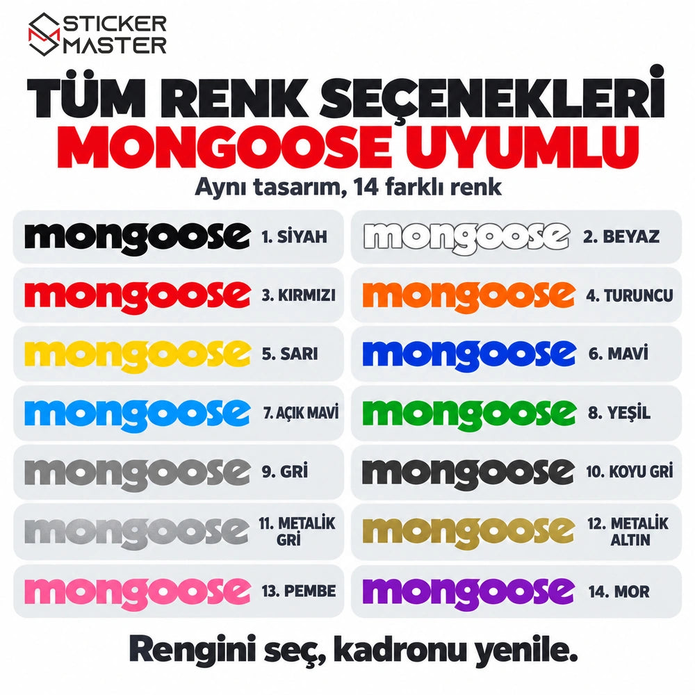 Mongoose uyumlu kadro sticker setinin 14 renk seçeneği