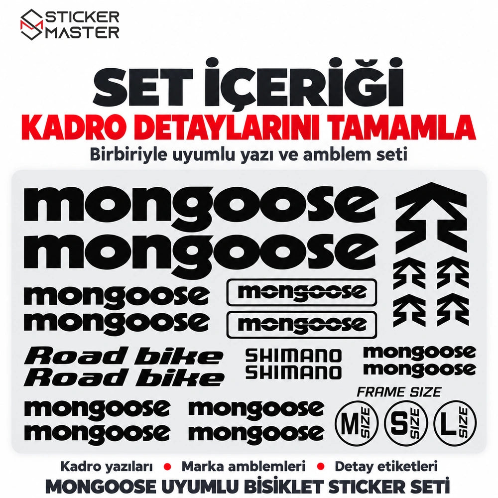 Mongoose uyumlu bisiklet sticker setindeki yazı ve amblem parçaları