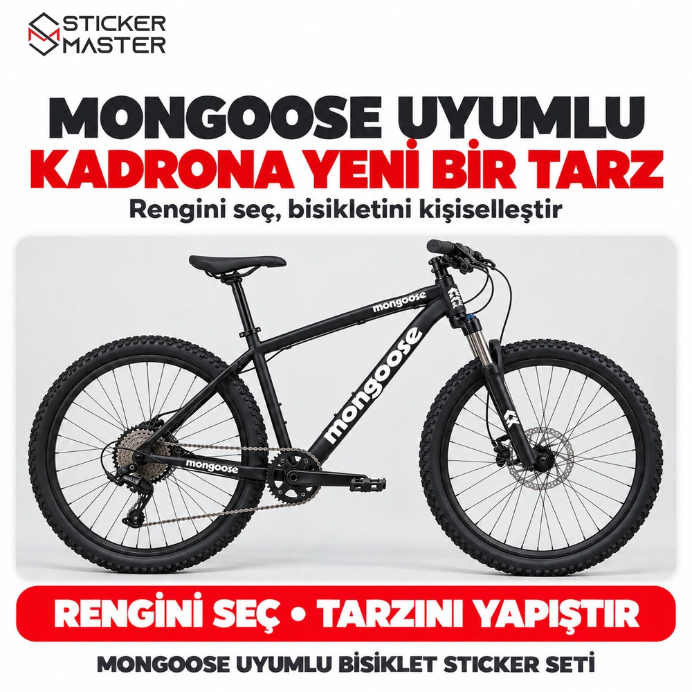 Beyaz Mongoose uyumlu sticker setinin siyah bisiklet üzerinde örnek uygulaması