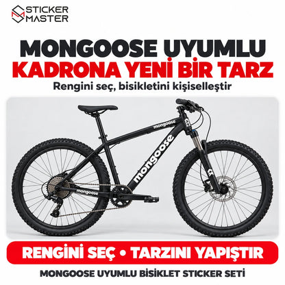 Beyaz Mongoose uyumlu sticker setinin siyah bisiklet üzerinde örnek uygulaması