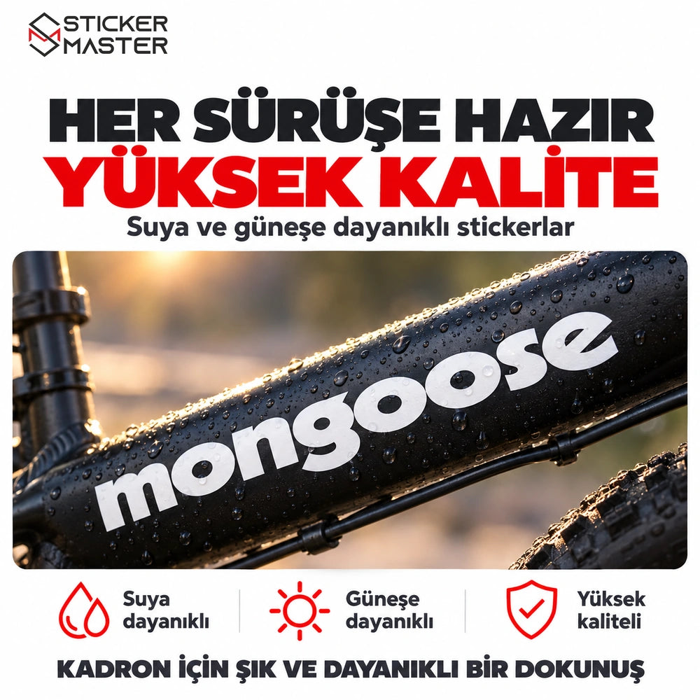 Mongoose uyumlu suya ve güneşe dayanıklı stickerın bisiklet kadrosundaki görünümü