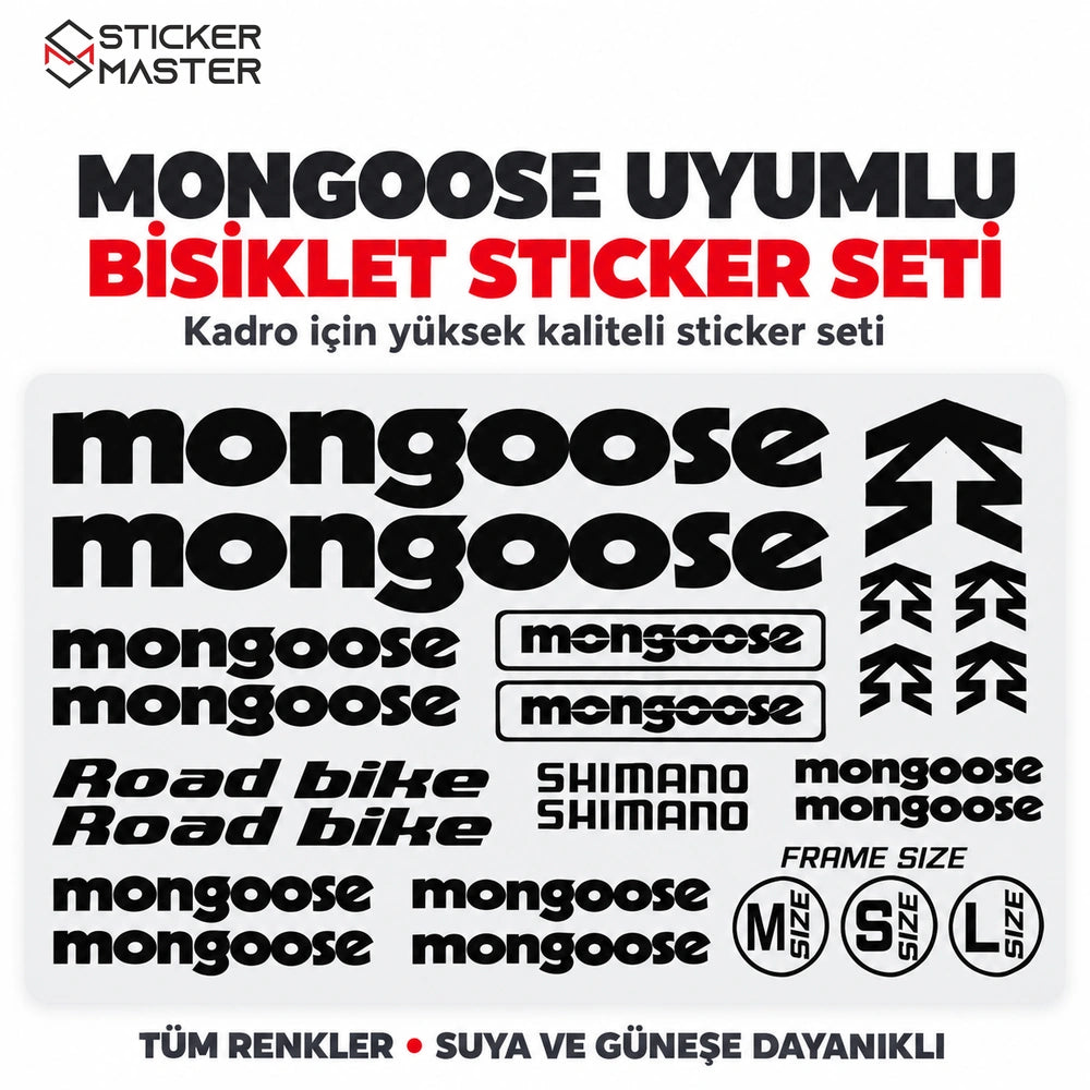 Mongoose uyumlu bisiklet kadro sticker seti, beyaz yazı ve amblem tasarımları