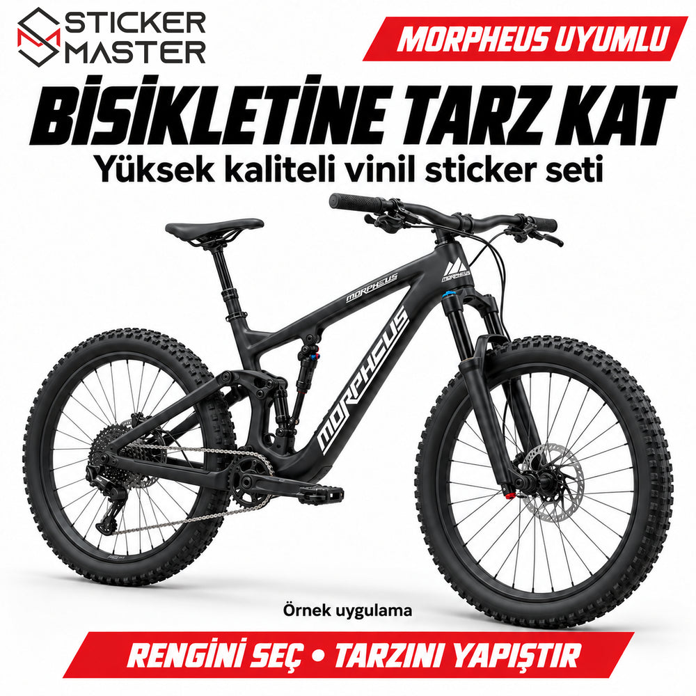 Morpheus uyumlu beyaz kadro stickerlarının siyah dağ bisikleti üzerinde örnek uygulaması