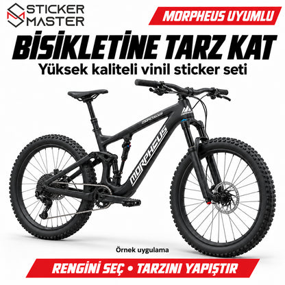 Morpheus uyumlu beyaz kadro stickerlarının siyah dağ bisikleti üzerinde örnek uygulaması