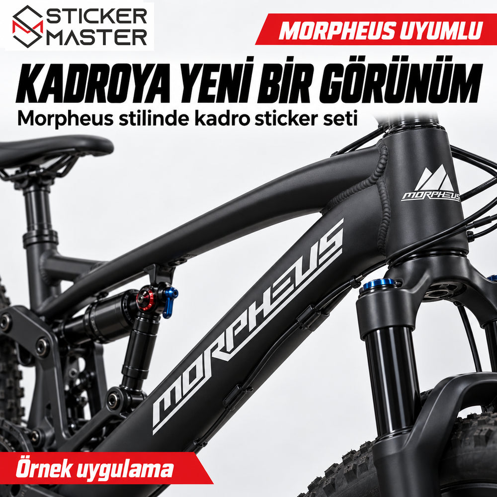 Beyaz Morpheus uyumlu yazı ve dağ simgesinin siyah bisiklet kadrosunda örnek uygulaması