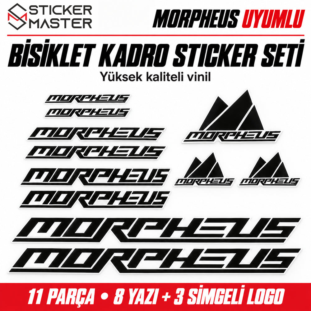 Morpheus uyumlu 11 parçalık siyah bisiklet kadro sticker seti, Sticker Master logolu