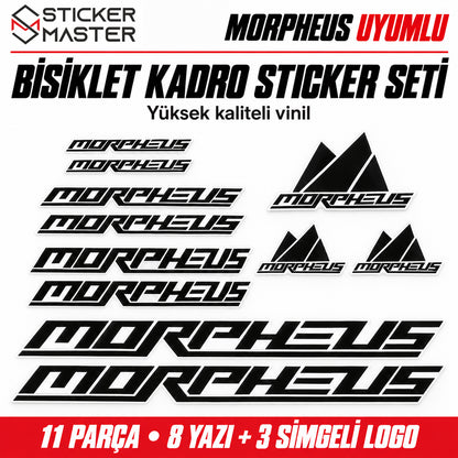 Morpheus uyumlu 11 parçalık siyah bisiklet kadro sticker seti, Sticker Master logolu