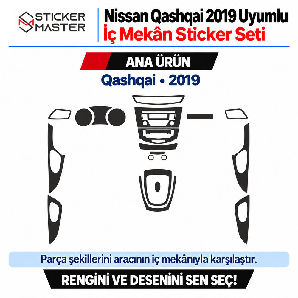 Nissan Qashqai 2019 uyumlu SM5 V3 iç mekân kaplama sticker seti ve kesim şeması
