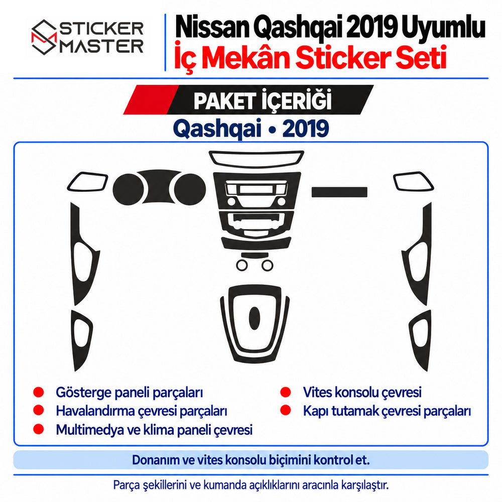 Nissan Qashqai 2019 iç mekân sticker seti paket içeriği ve parça grupları