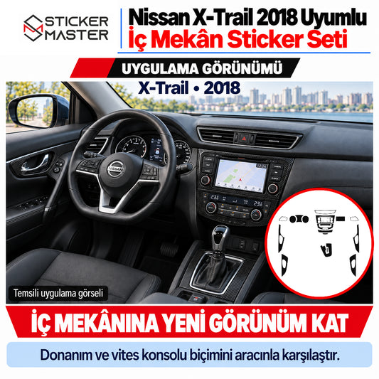 Nissan X-Trail 2018 iç mekân kaplama sticker seti, otomatik vitesli kabinde temsili karbon uygulama görünümü
