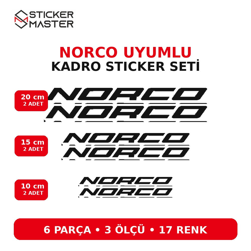 Norco uyumlu bisiklet kadro sticker seti - 6 parça, 3 ölçü, 17 renk