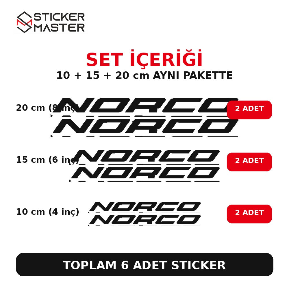 Norco sticker set içeriği - 2 adet 10 cm, 2 adet 15 cm, 2 adet 20 cm