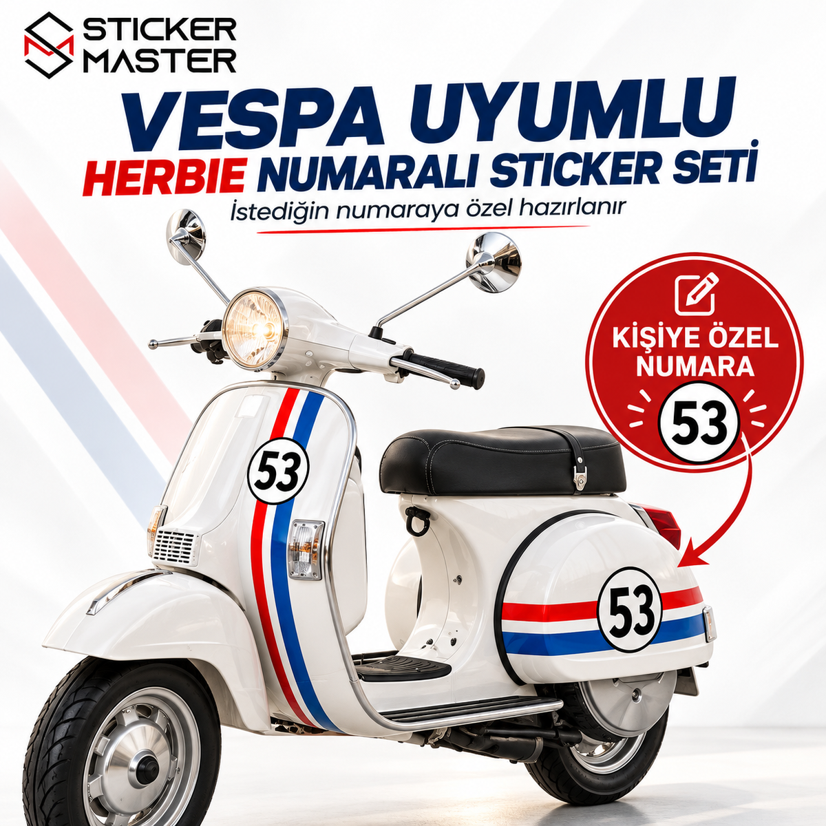 Vespa uyumlu kişiye özel numaralı Fransız stil sticker seti ana görsel