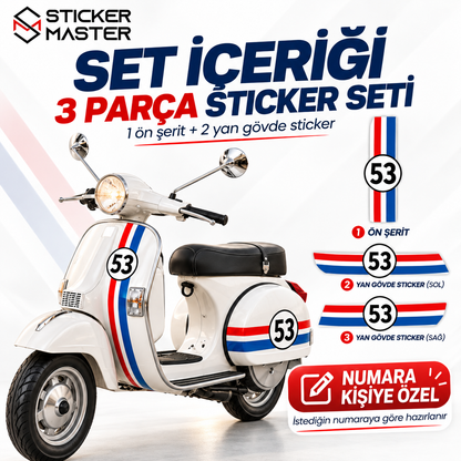 Vespa uyumlu kişiye özel numaralı 3 parça set içeriği