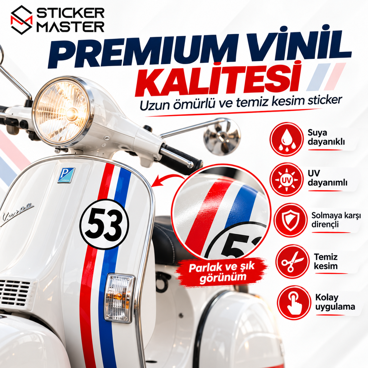 Vespa uyumlu kişiye özel premium vinil sticker özellikleri