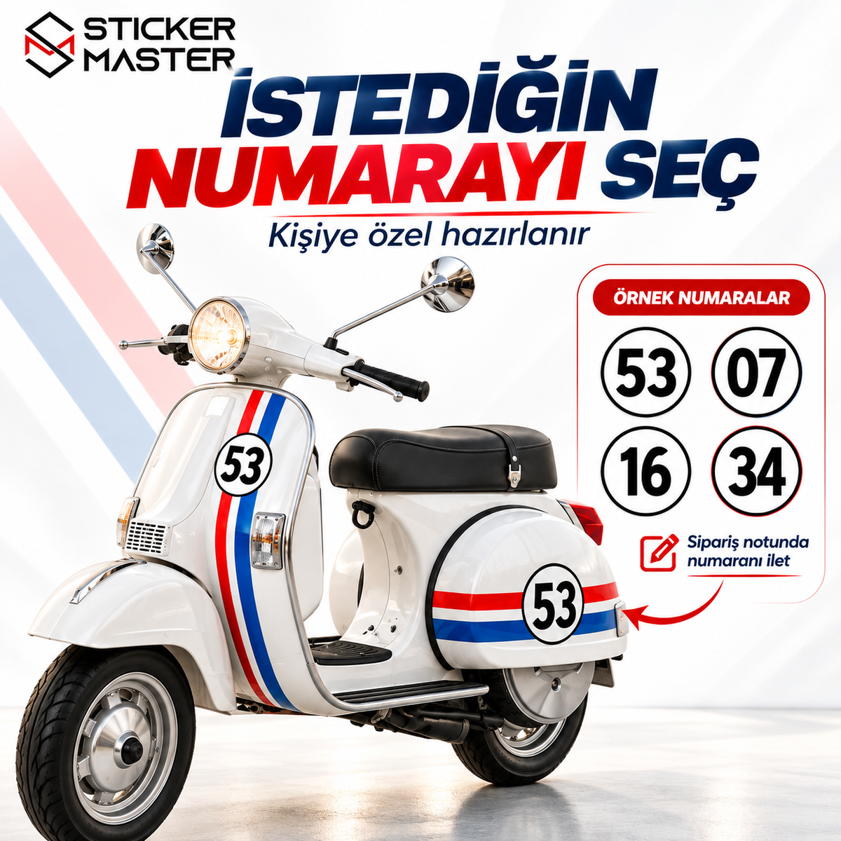 Vespa uyumlu kişiye özel numaralı sticker numara seçimi
