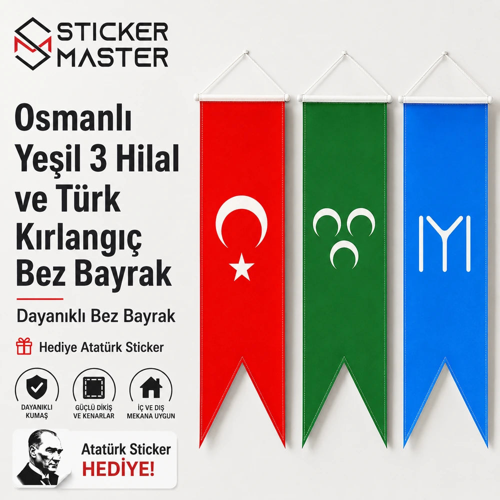 Osmanli Yesil 3 Hilal ve Turk Kirlangic Bez Bayrak
