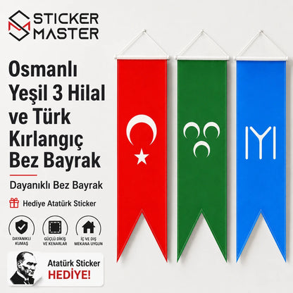 Osmanli Yesil 3 Hilal ve Turk Kirlangic Bez Bayrak