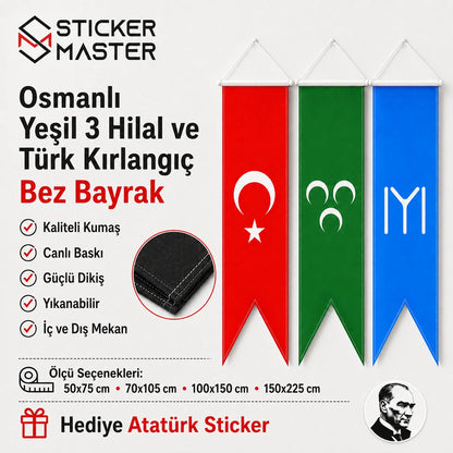Osmanli Yesil 3 Hilal ve Turk Kirlangic Bez Bayrak