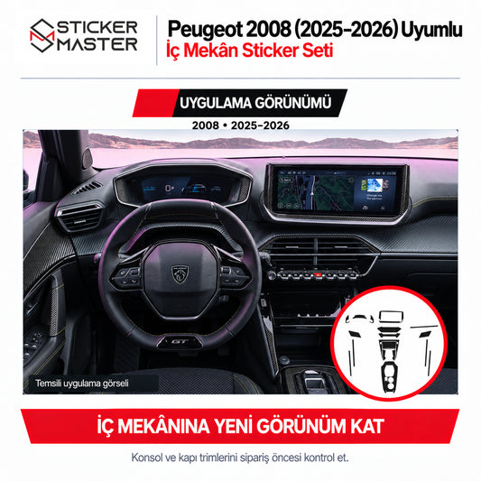 Peugeot 2008 2025–2026 konsol ve kapı trimlerinde karbon desenli temsili iç mekân sticker uygulaması