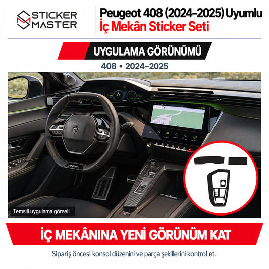 Peugeot 408 2024–2025 vites konsolu çevresinde karbon desenli temsili iç mekân sticker uygulaması