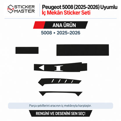 Peugeot 5008 2025–2026 iç mekân sticker seti, iki dikdörtgen panel, kumanda ve tuş sırası çevresi ile ince dekoratif trim