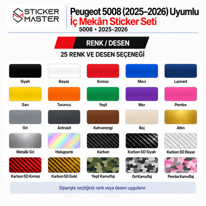 Peugeot 5008 2025–2026 iç mekân sticker seti 25 renk ve desen seçeneği