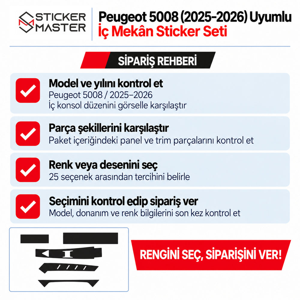 Peugeot 5008 2025–2026 iç mekân sticker seti model, parça şekli ve renk seçimli sipariş rehberi