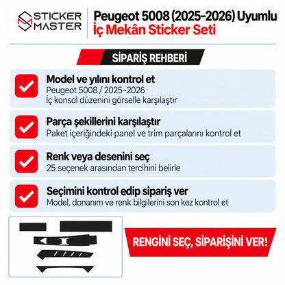 Peugeot 5008 2025–2026 iç mekân sticker seti model, parça şekli ve renk seçimli sipariş rehberi