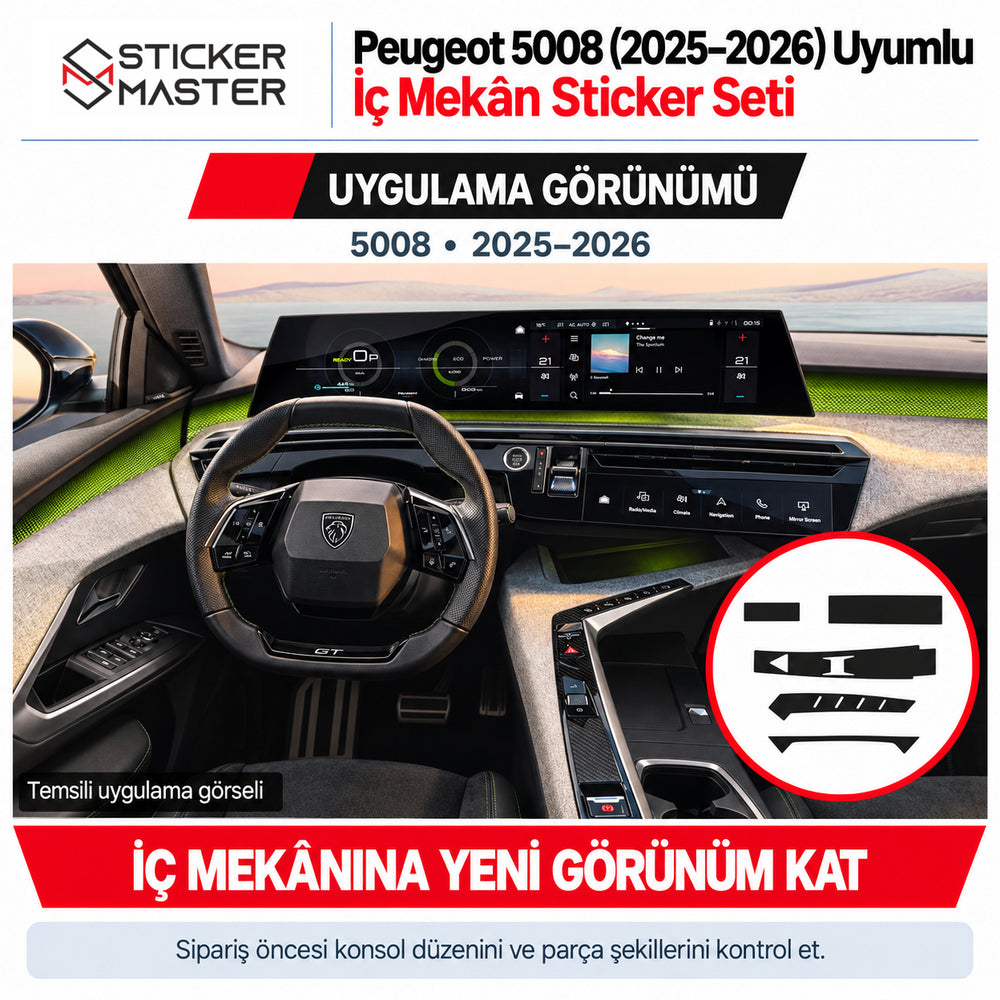 Peugeot 5008 2025–2026 orta konsol kumanda çevresinde karbon desenli temsili iç mekân sticker uygulaması