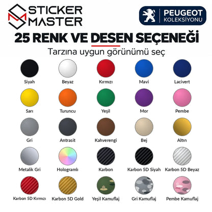Peugeot kapı direği sticker 25 renk desen: 17 standart renk 5 karbon 3 kamuflaj